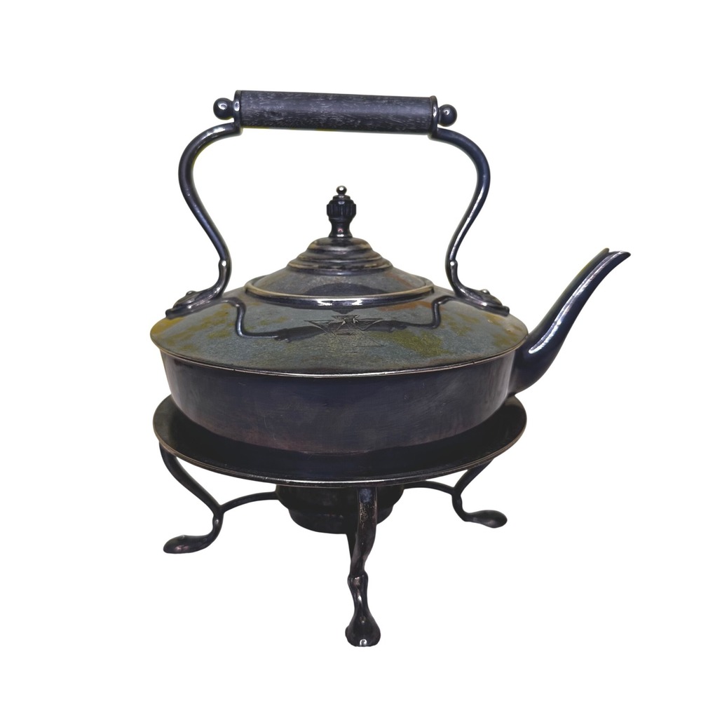 Antique Silver Plate Tea Kettle on Spirit Burner Stand Patent 1881 Monogrammed